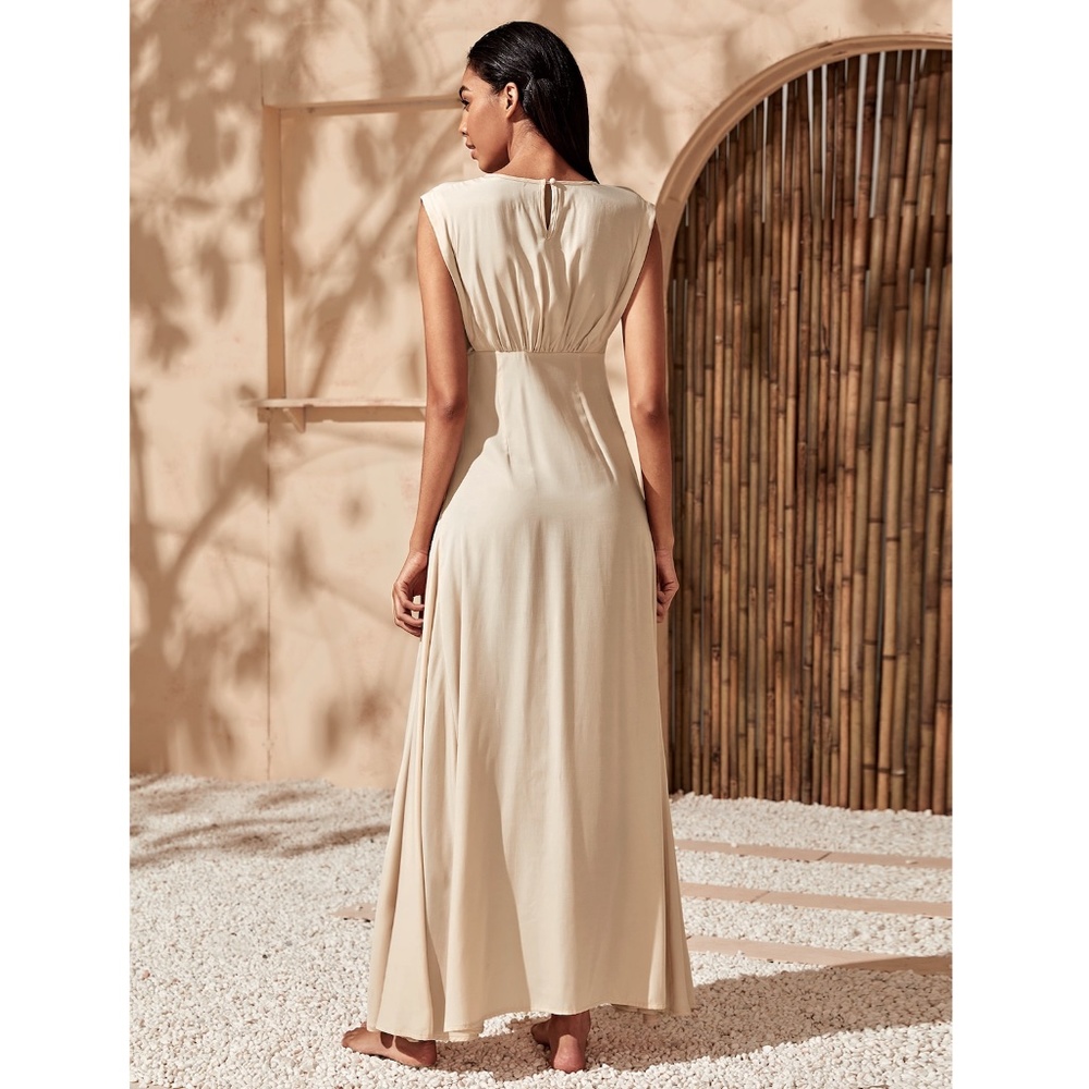 Beige Maxi Flared Elegant Dress - Picture 4 of 7